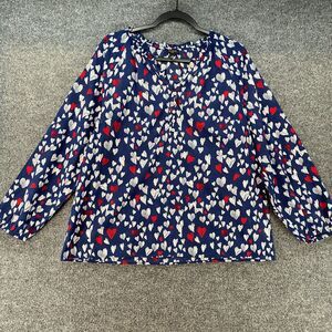 Talbots Top Petite‎ XL Blue Hearts Print V-Neck Casual Cottagecore Peasant Boho